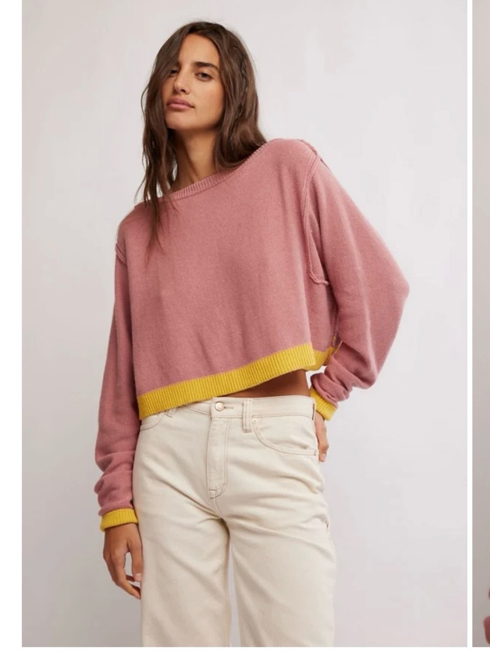 We The Free Dusty Rose Off-the-Shoulder Sweater with Yellow Trim